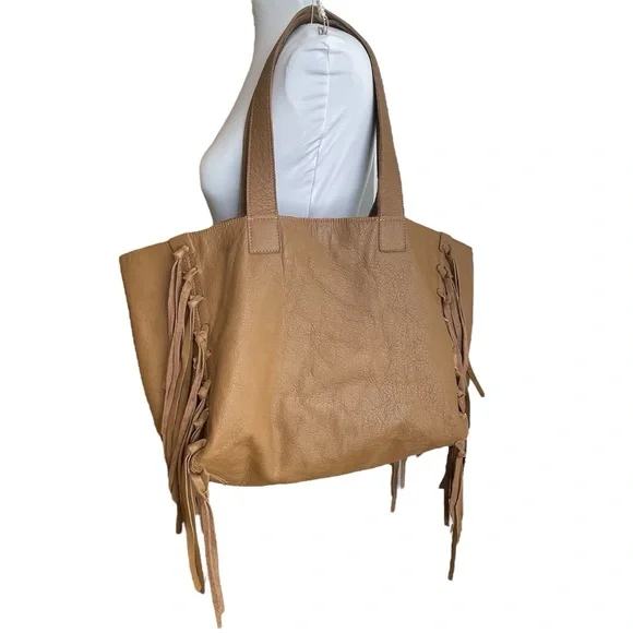 Camel Brown Fringe Leather Tote Bag Oversized Slouchy Boho Hobo Neutral - Picture 5 of 17
